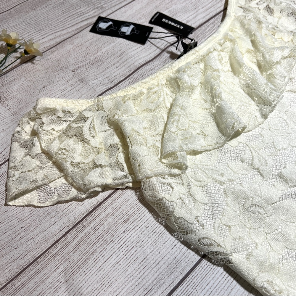EXPRESS Off The Shoulder Ruffle Lace Thong Bodysuit - Picture 4 of 16